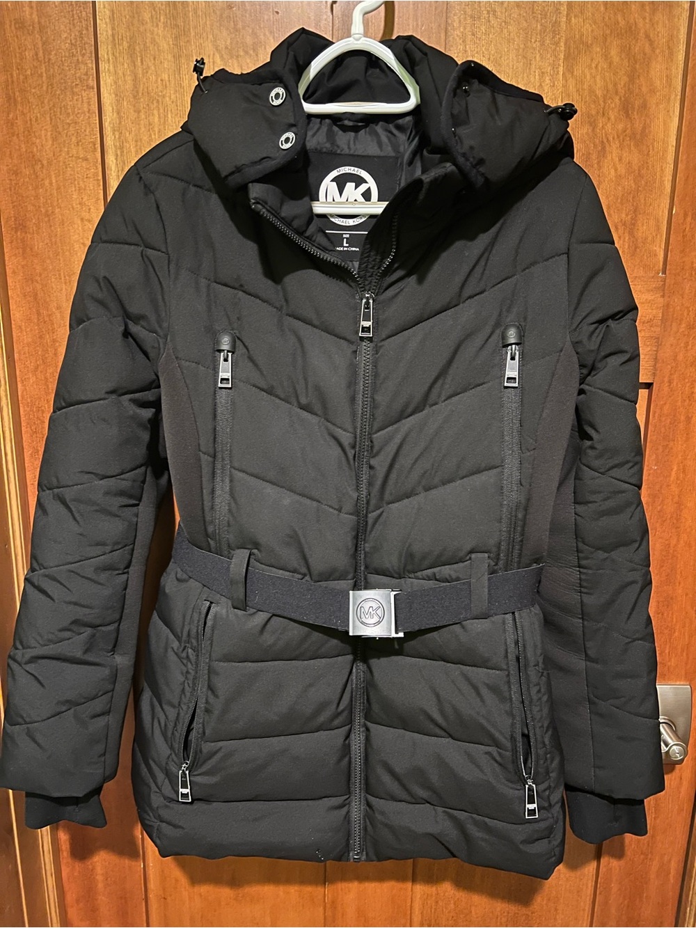Michael Kors Womens L Black Belted Puffer Coat Hooded Mid Length Winter Jacket